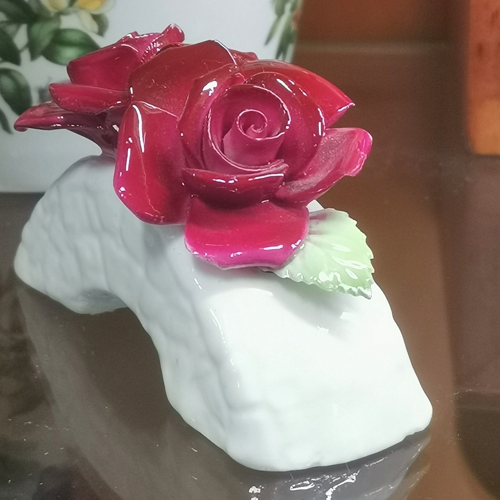 Glossy Ceramic Rose Figurine in Deep Rose and White - Picture 5 of 6